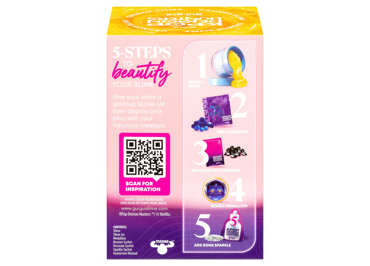 Gui Gui K-Pop Demon Hunters slime kit box with yellow top, pink and purple gradient sides, showing 5 steps to create ...