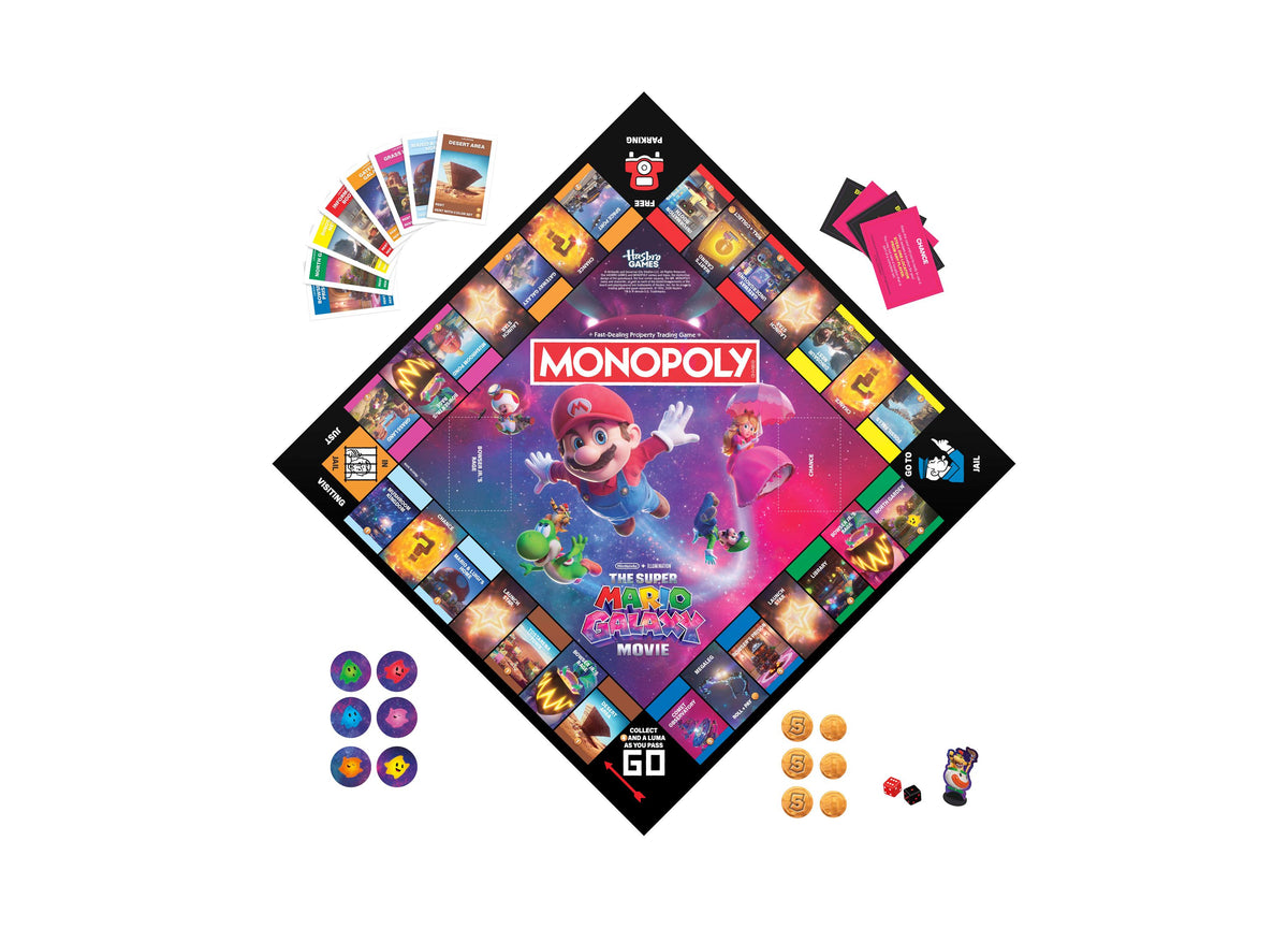MONOPOLY The Super Mario Galaxy Movie Edition Board Game with colorful game board, player tokens, cards, and coins