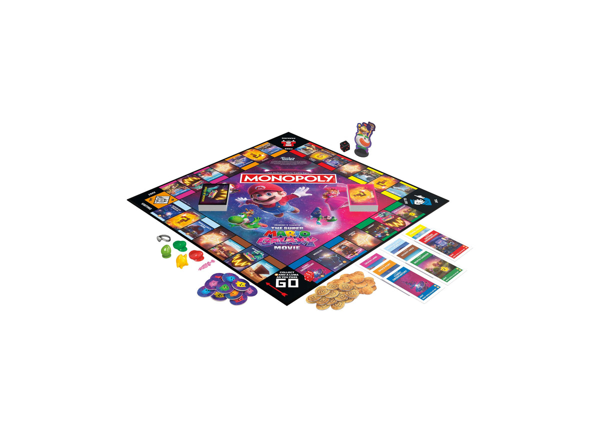 MONOPOLY The Super Mario Galaxy Movie Edition Board Game with colorful game board, tokens, cards, and coins