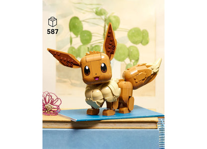 LEGO Pokémon Eevee Building Set 72151 with 587 pieces, tan and brown brick-built Eevee figure on blue base