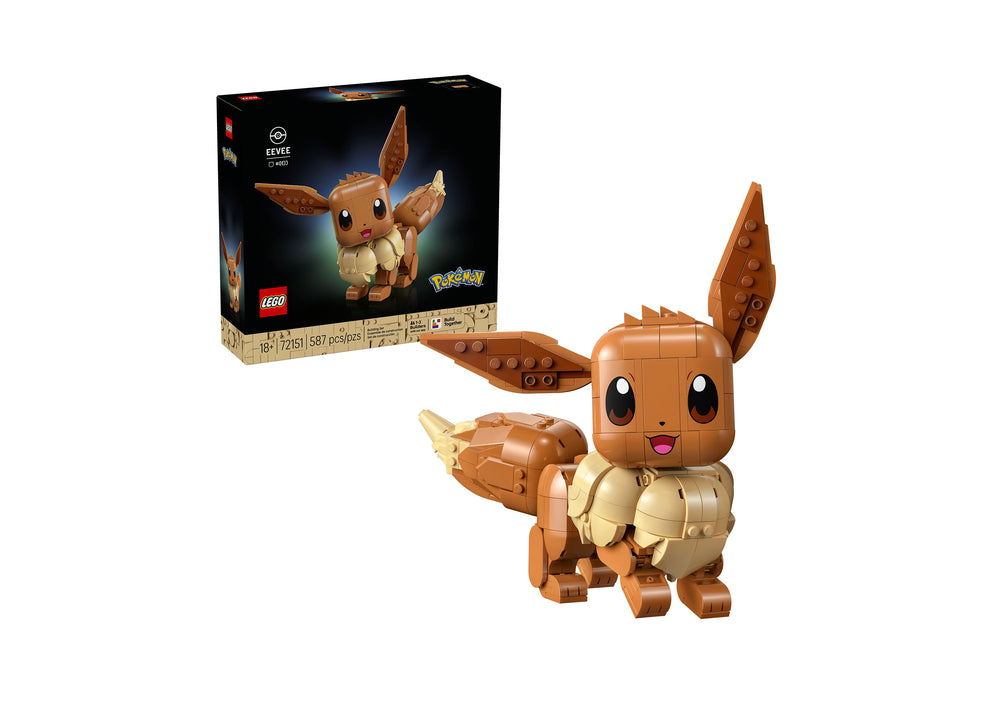 LEGO Pokémon Eevee Building Set 72151 with 587 pieces, featuring brown and tan buildable Eevee figure
