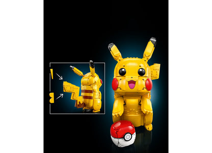 LEGO Pokémon Pikachu 72152 yellow brick figure with articulated ears and limbs, includes red and white Poké Ball