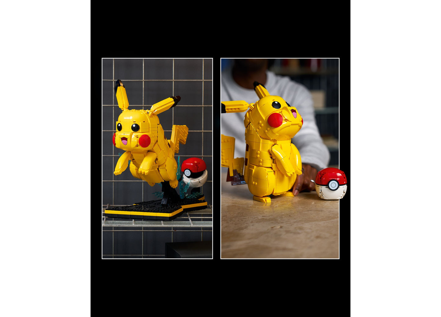 LEGO Pokémon Pikachu 72152 buildable figure with yellow bricks and red cheeks, shown with Poké Ball