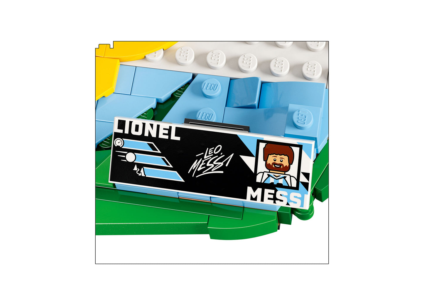 LEGO Lionel Messi Soccer Highlights 43011 set with blue, green and yellow bricks