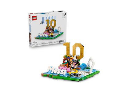 LEGO Lionel Messi Soccer Highlights 43011 set with golden number 10, colorful buildings, and green base