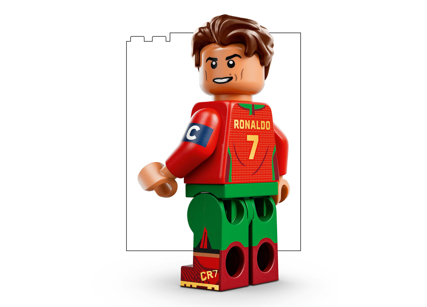LEGO Cristiano Ronaldo minifigure in red Portugal jersey number 7 with green shorts