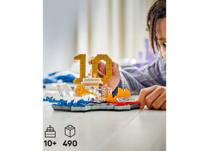 LEGO Kylian Mbappé Soccer Highlights 43013 set with 490 pieces, featuring gold numbers and blue soccer elements