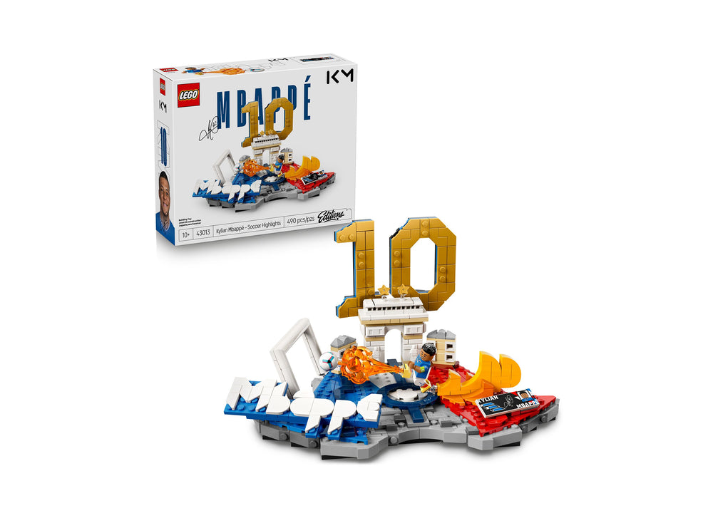 LEGO Kylian Mbappé Soccer Highlights 43013 set with golden number 10, minifigures, and buildable soccer scenes
