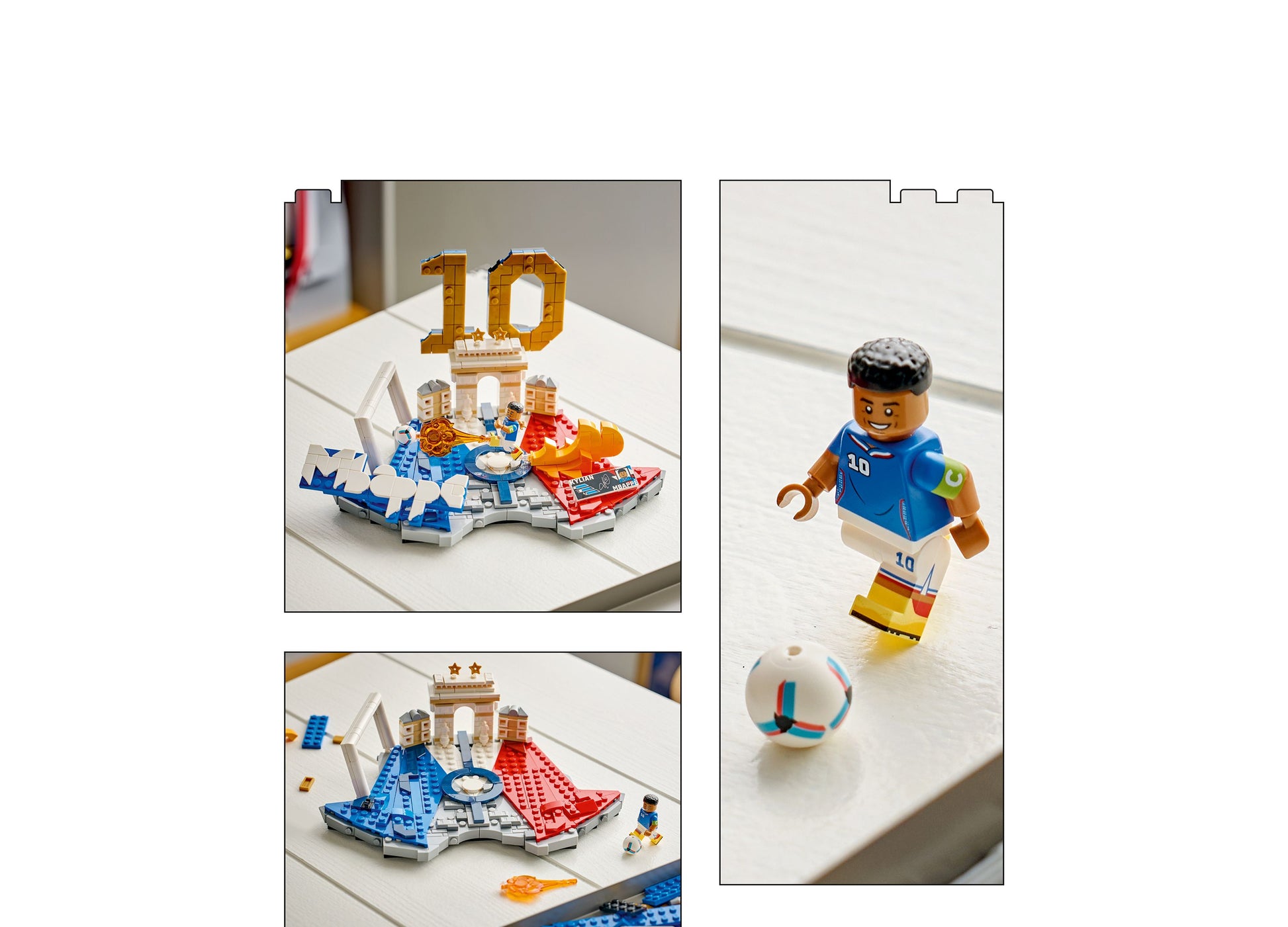 LEGO Kylian Mbappé Soccer Highlights 43013 set with minifigure, soccer ball, and buildable stadium display