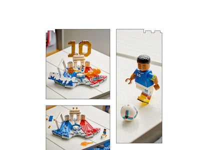 LEGO Kylian Mbappé Soccer Highlights 43013 set with minifigure, soccer ball, and buildable stadium display