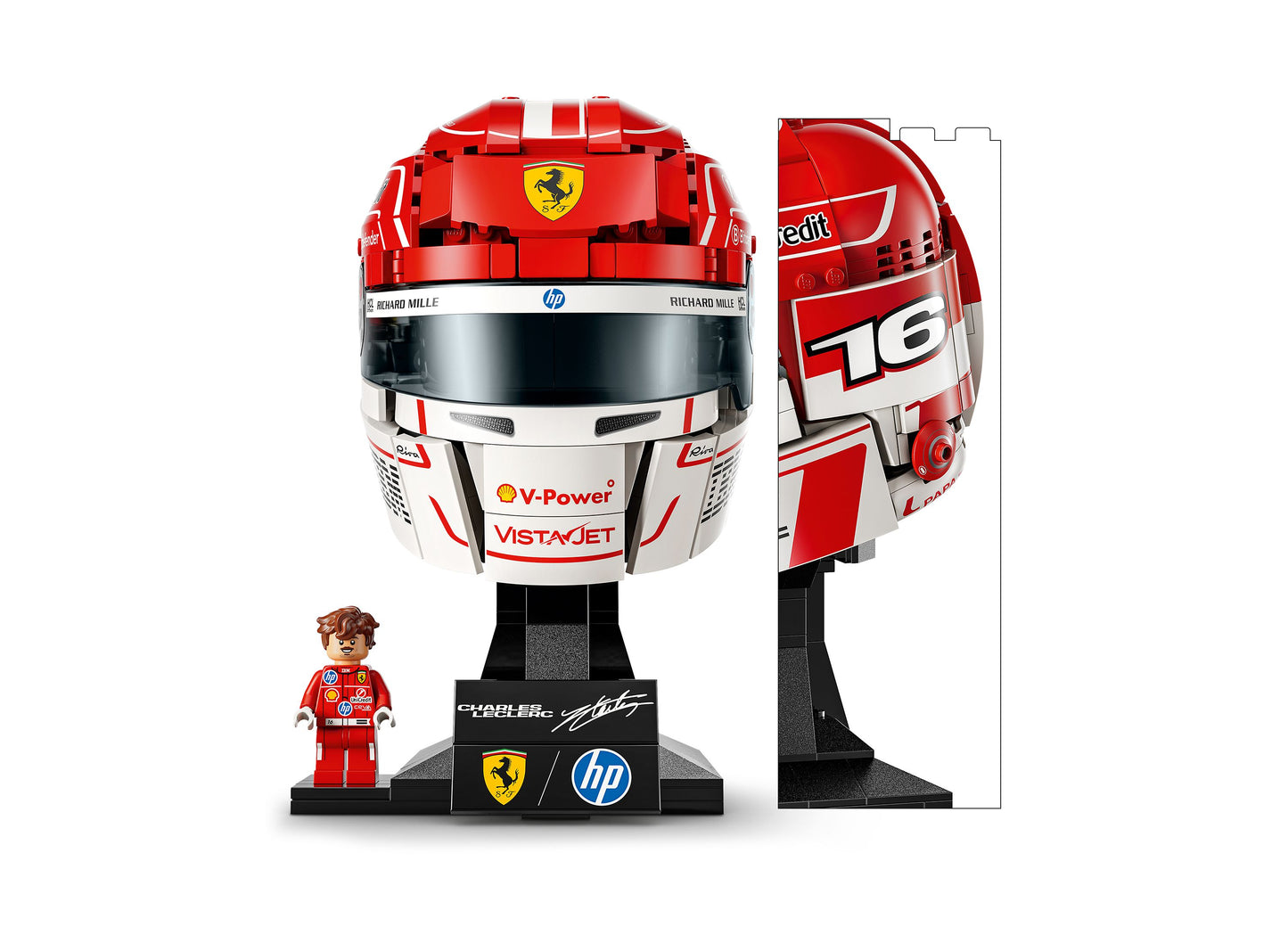 LEGO Scuderia Ferrari Charles Leclerc Helmet 43014 set with red and white buildable helmet, minifigure, and display s...