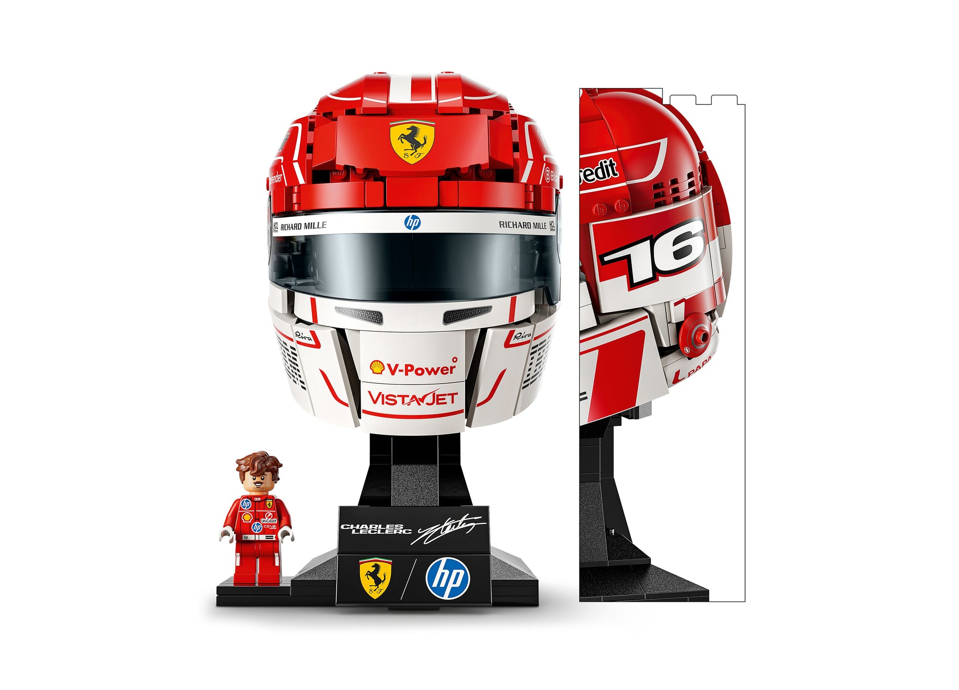 LEGO Scuderia Ferrari Charles Leclerc Helmet 43014 set with red and white buildable helmet, minifigure, and display s...