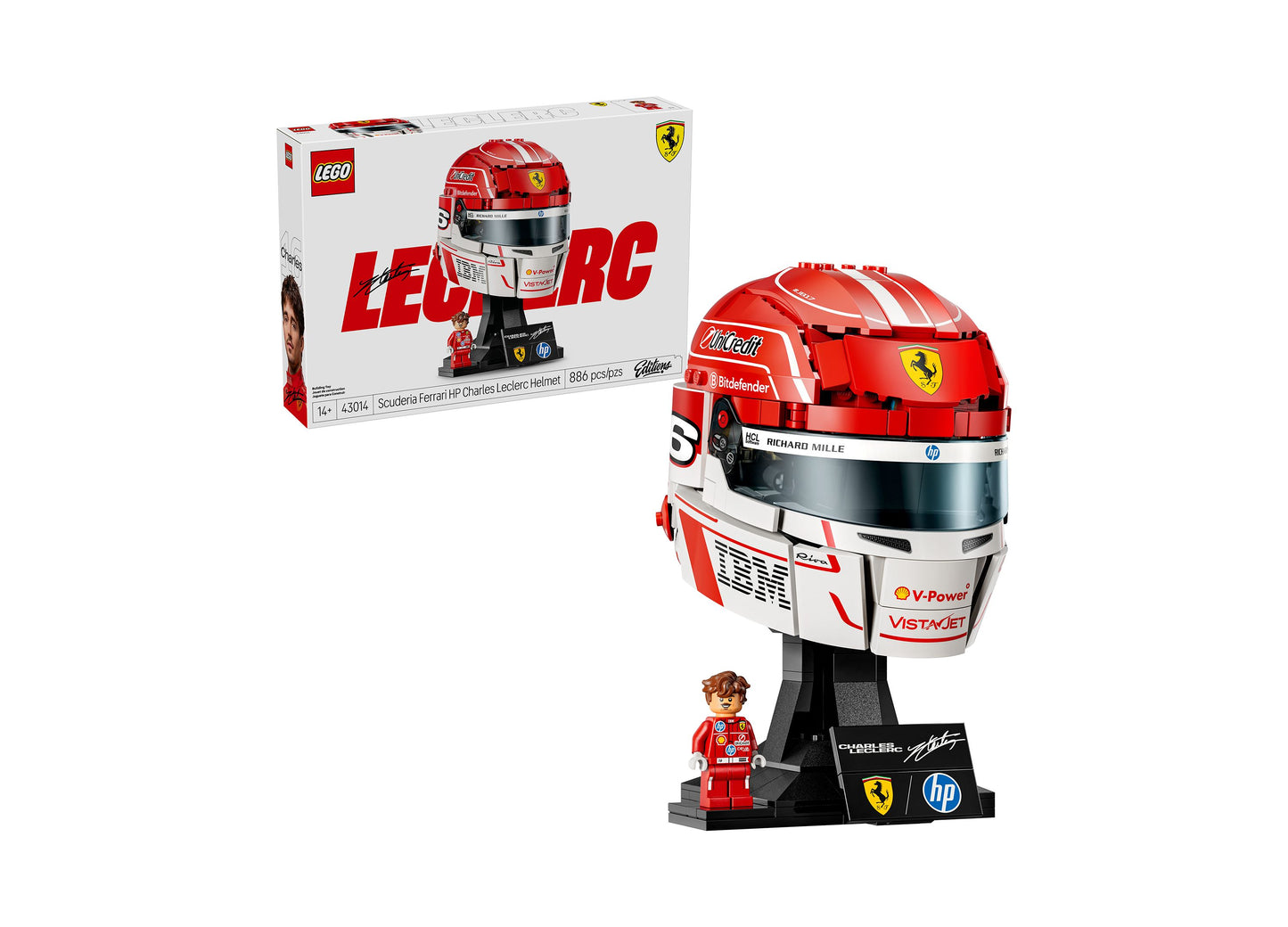 LEGO Scuderia Ferrari HP Charles Leclerc Helmet 43014 with 886 pieces, featuring red and white helmet with minifigure...