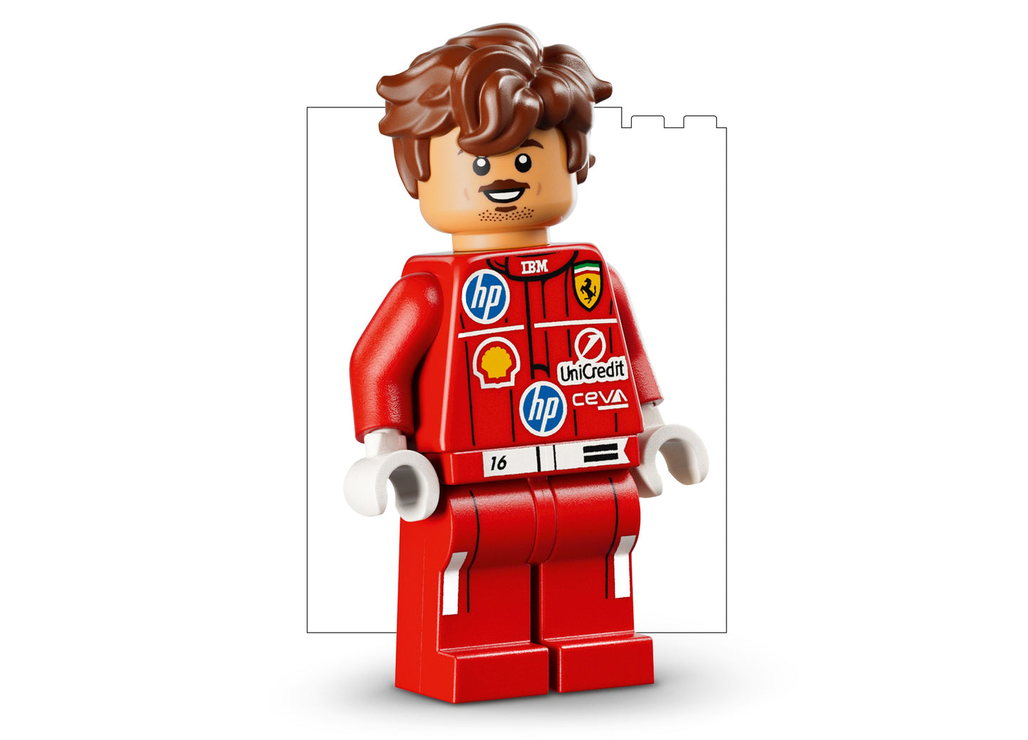 LEGO Ferrari HP Charles Leclerc minifigure in red racing suit with sponsor logos and number 16