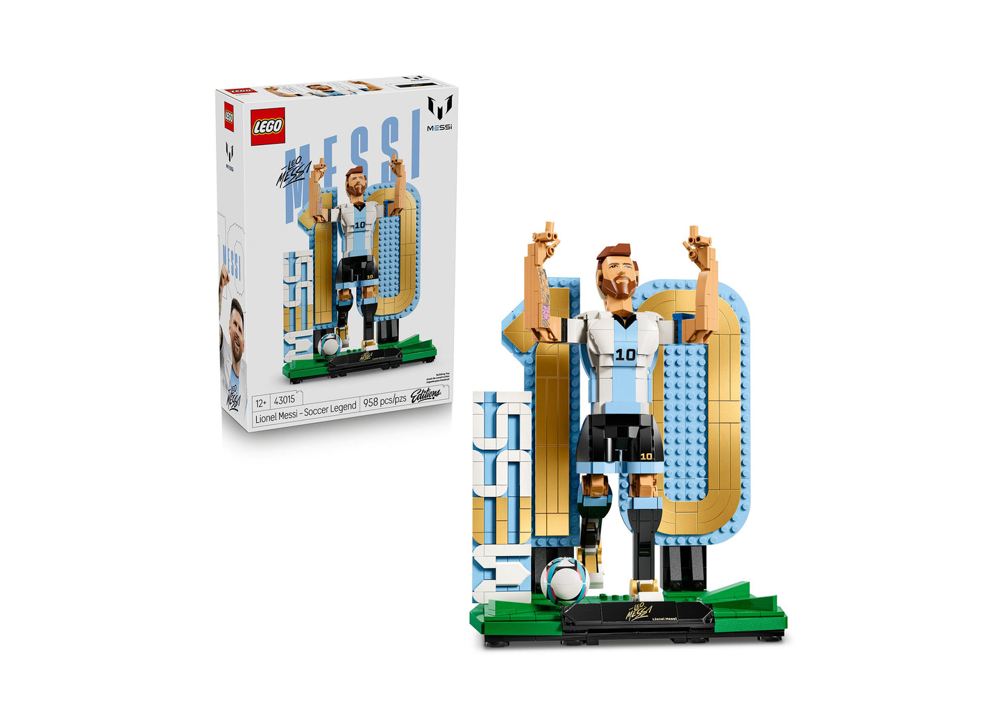 LEGO Lionel Messi Soccer Legend 43015 set with 958 pieces featuring blue and white soccer uniform