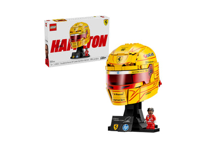LEGO Scuderia Ferrari HP Lewis Hamilton Helmet 43022 with yellow and red racing helmet, minifigure, and display stand