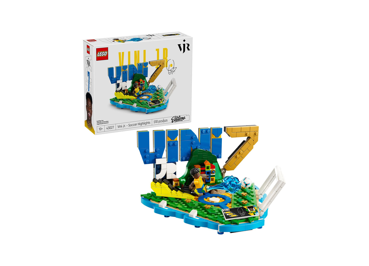 LEGO Vini Jr. Soccer Highlights 43027 set with blue and green soccer field display, 510 pieces