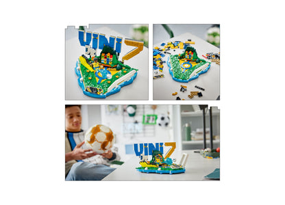 LEGO Vini Jr. Soccer Highlights 43027 set with green baseplate, blue accents, and yellow details