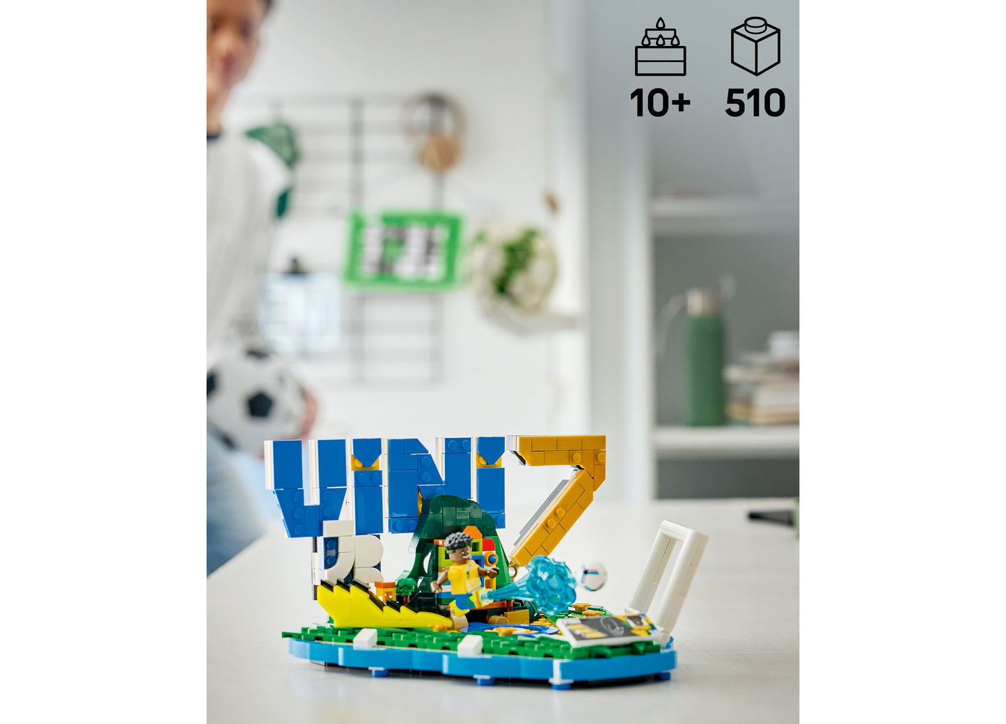 LEGO Vini Jr. Soccer Highlights 43027 set with 510 pieces featuring blue, green, and yellow bricks
