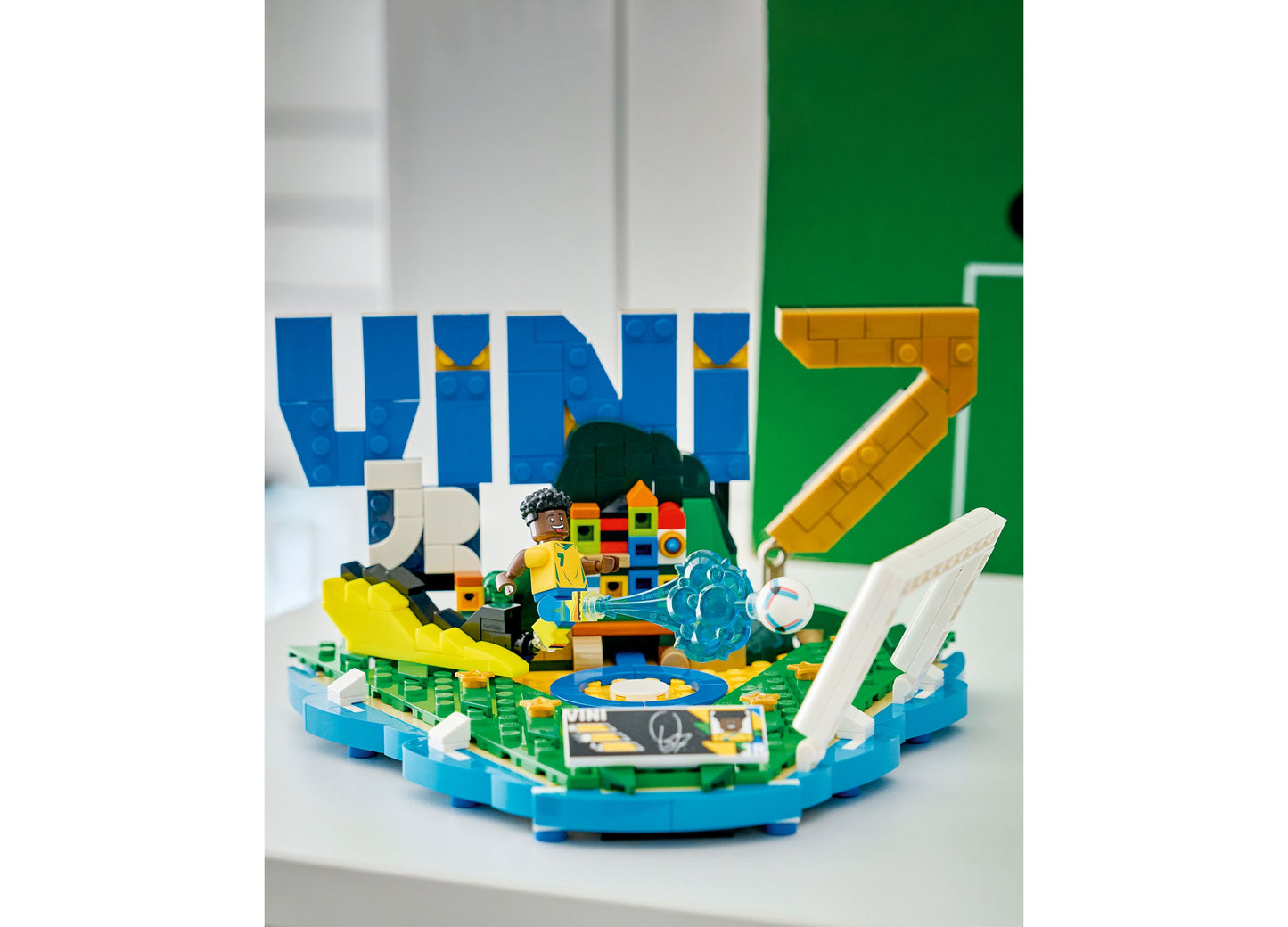 LEGO Editions Vini Jr. Soccer Highlights 43027 with colorful minifigure and stadium pieces