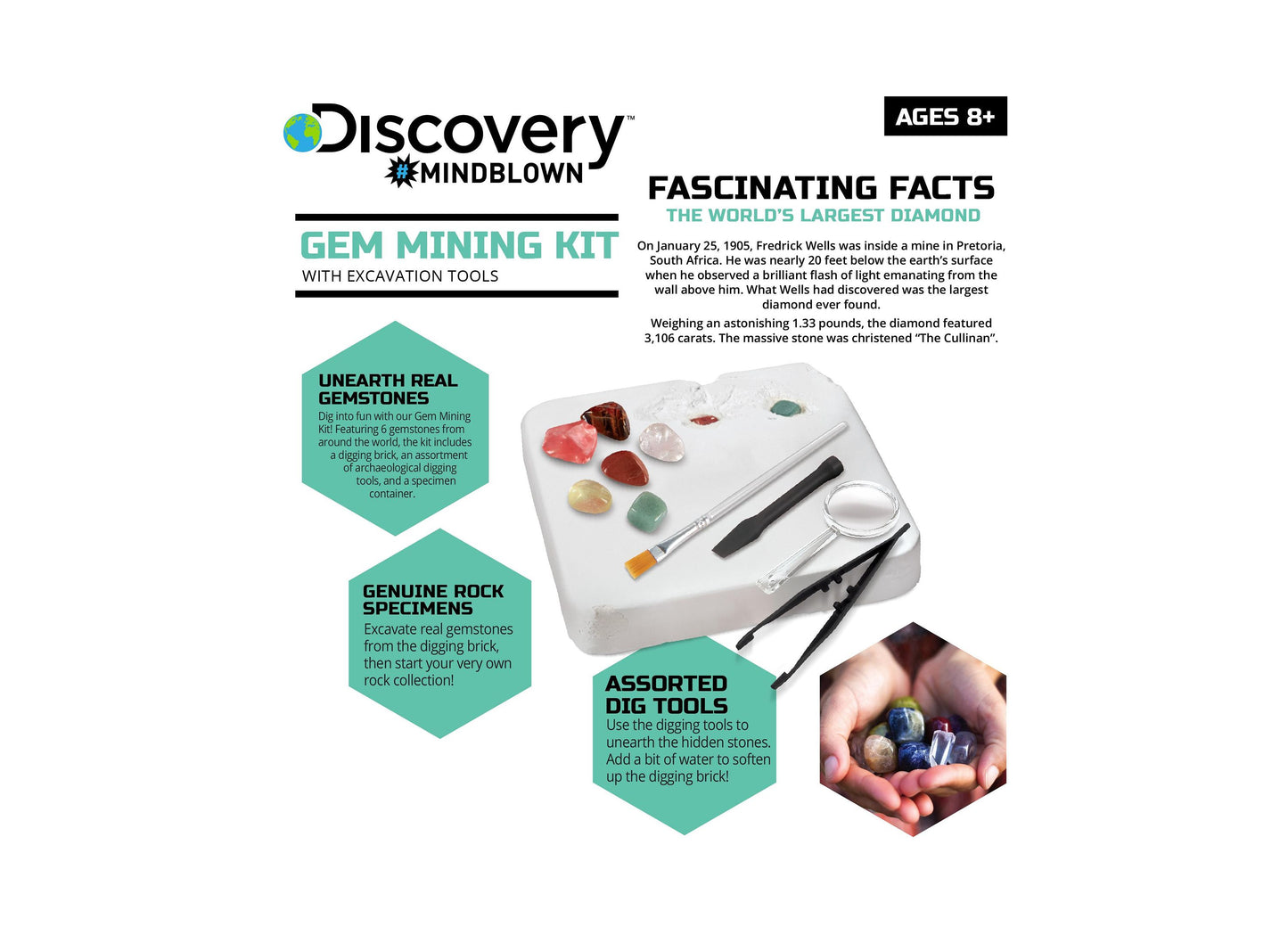 Discovery Mindblown Gem Mining Kit with excavation tools, gemstones, and digging brick
