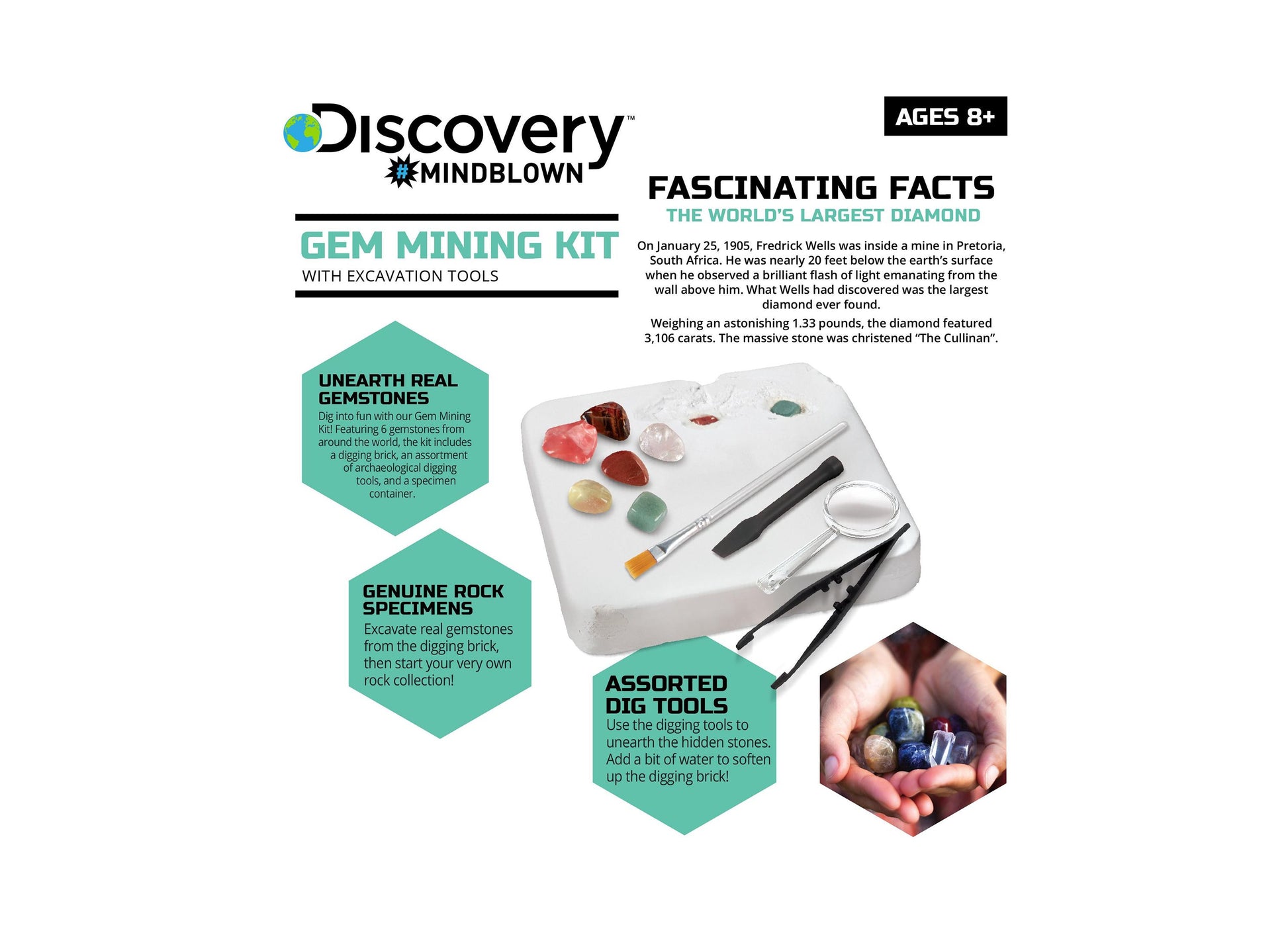 Discovery Mindblown Gem Mining Kit with excavation tools, gemstones, and digging brick
