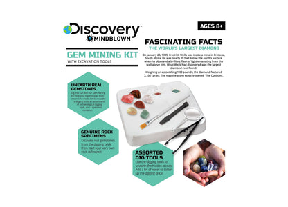 Discovery Mindblown Gem Mining Kit with excavation tools, gemstones, and digging brick