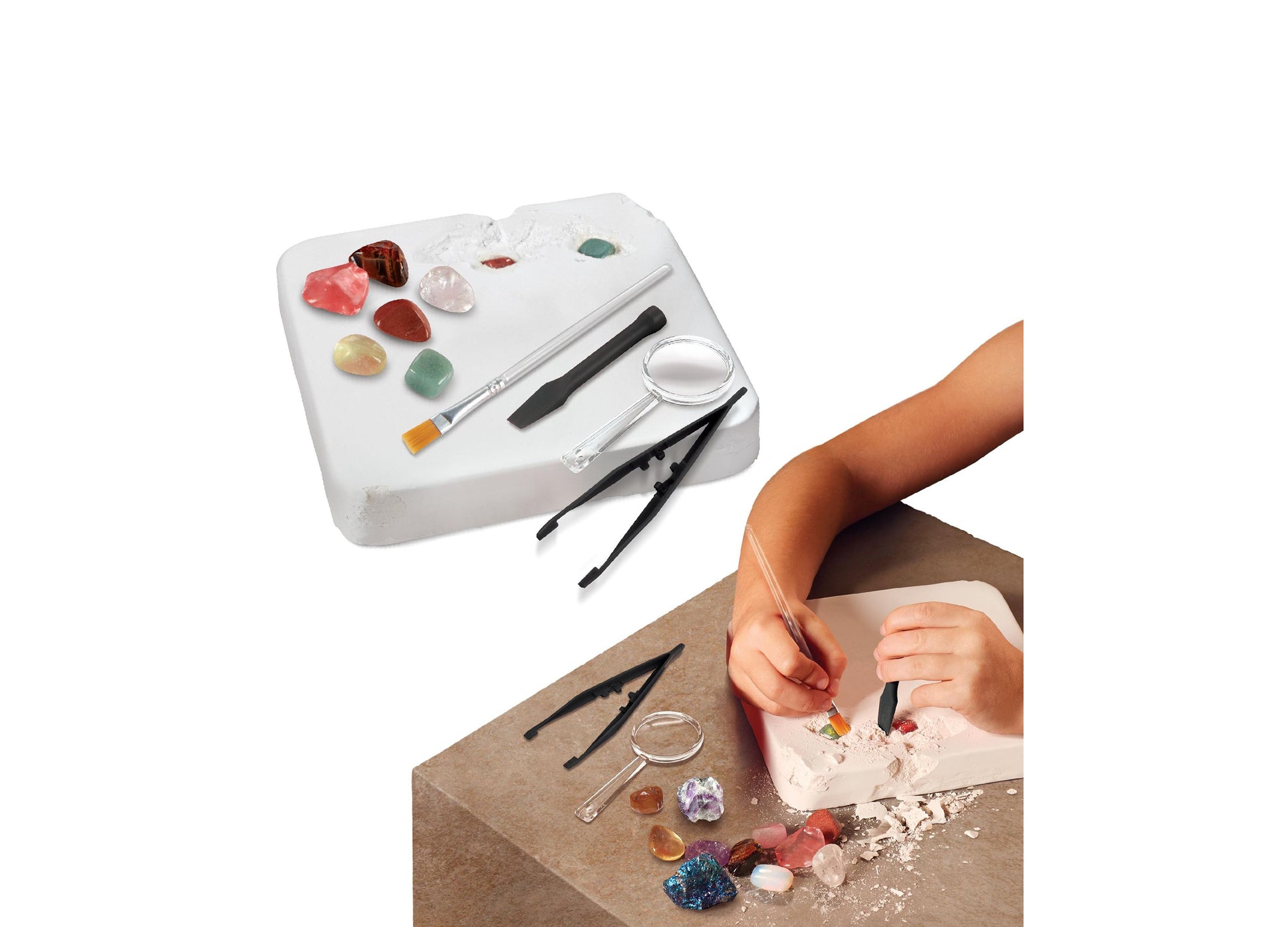 Discovery Kids Mindblown Gemstone Excavation Kit with colorful crystals, tools, and magnifying glass