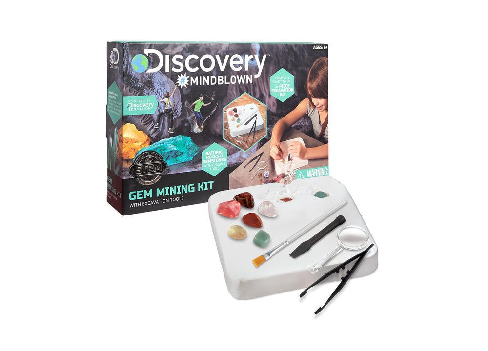 Discovery Mindblown Gem Mining Kit with excavation tools and colorful gemstones