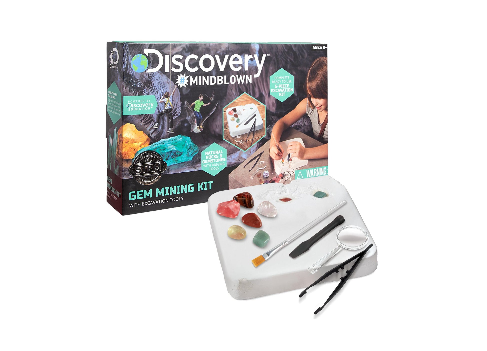 Discovery Mindblown Gem Mining Kit with excavation tools and colorful gemstones