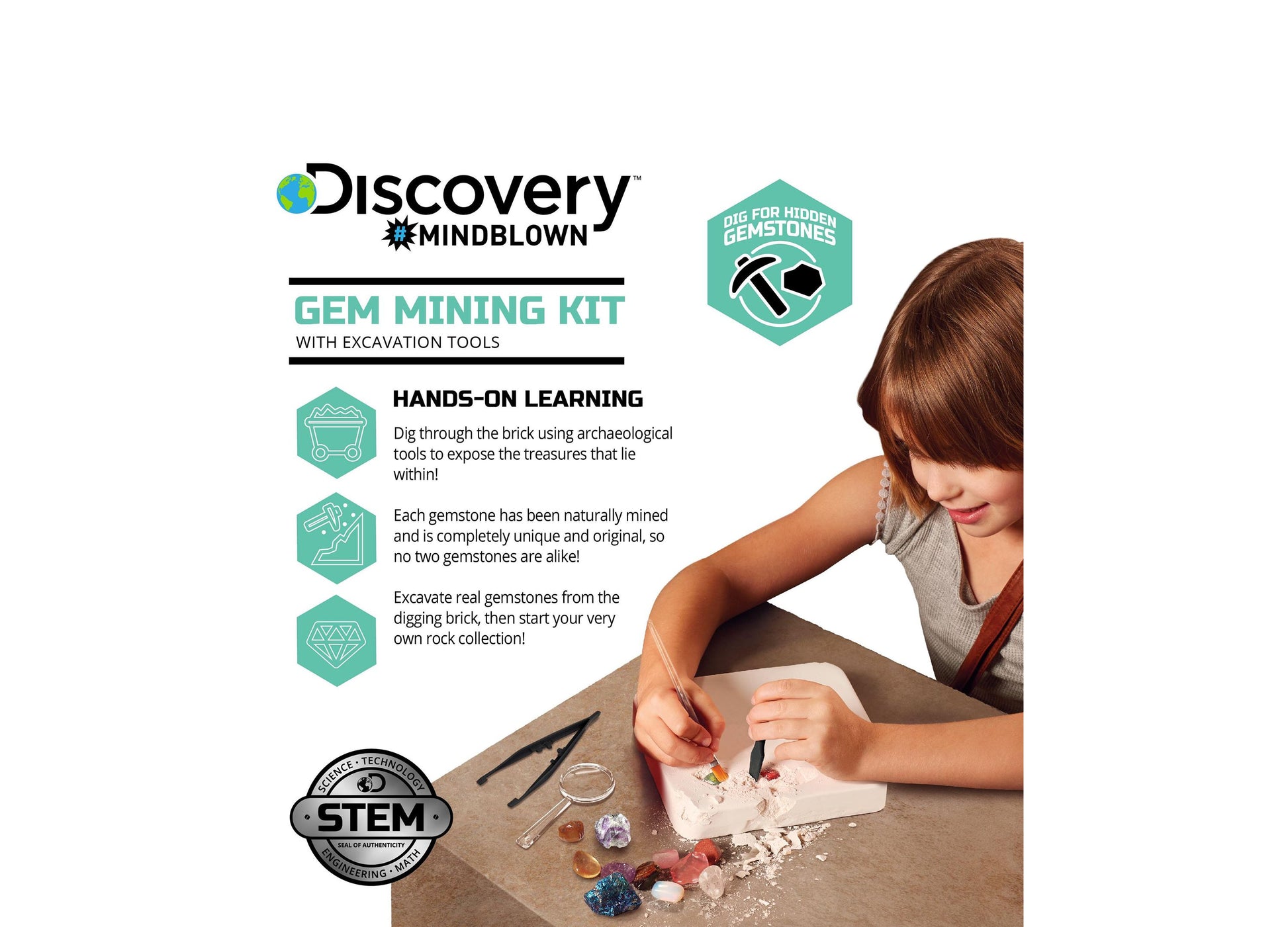 Discovery Mindblown Gem Mining Kit with excavation tools and colorful gemstones