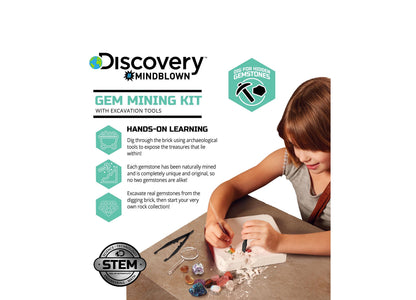 Discovery Mindblown Gem Mining Kit with excavation tools and colorful gemstones