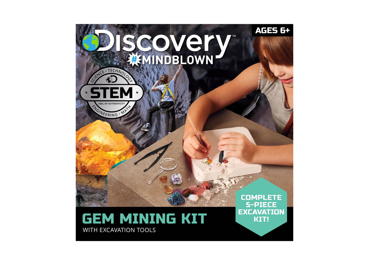 Discovery Mindblown Gem Mining Kit with excavation tools and colorful gemstones