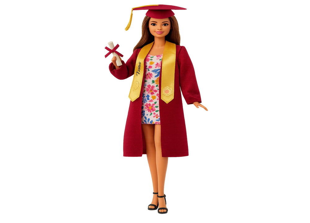Barbie Graduation Wishes Fashion Doll in maroon cap and gown with yellow sash