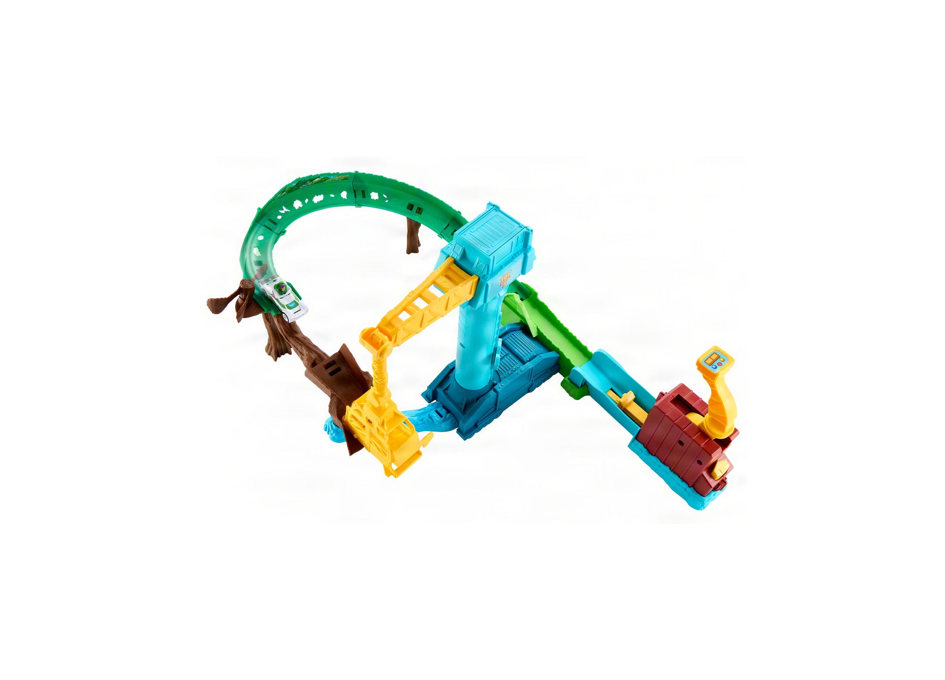 Hot Wheels Superstar Speeders track set with blue tower, green loop, yellow ramps, and colorful cars