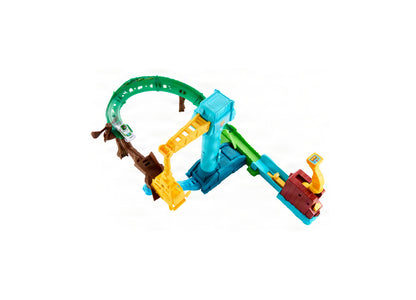Hot Wheels Superstar Speeders track set with blue tower, green loop, yellow ramps, and colorful cars