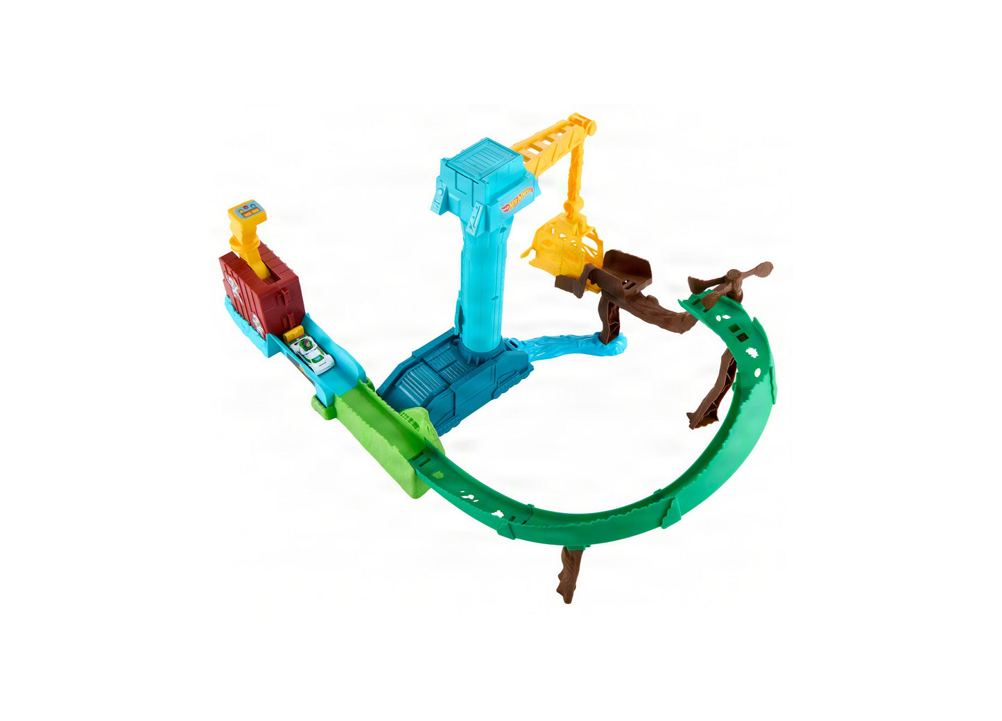 Hot Wheels Superstar Speeders track set with blue crane, green curved track, and brown accessories