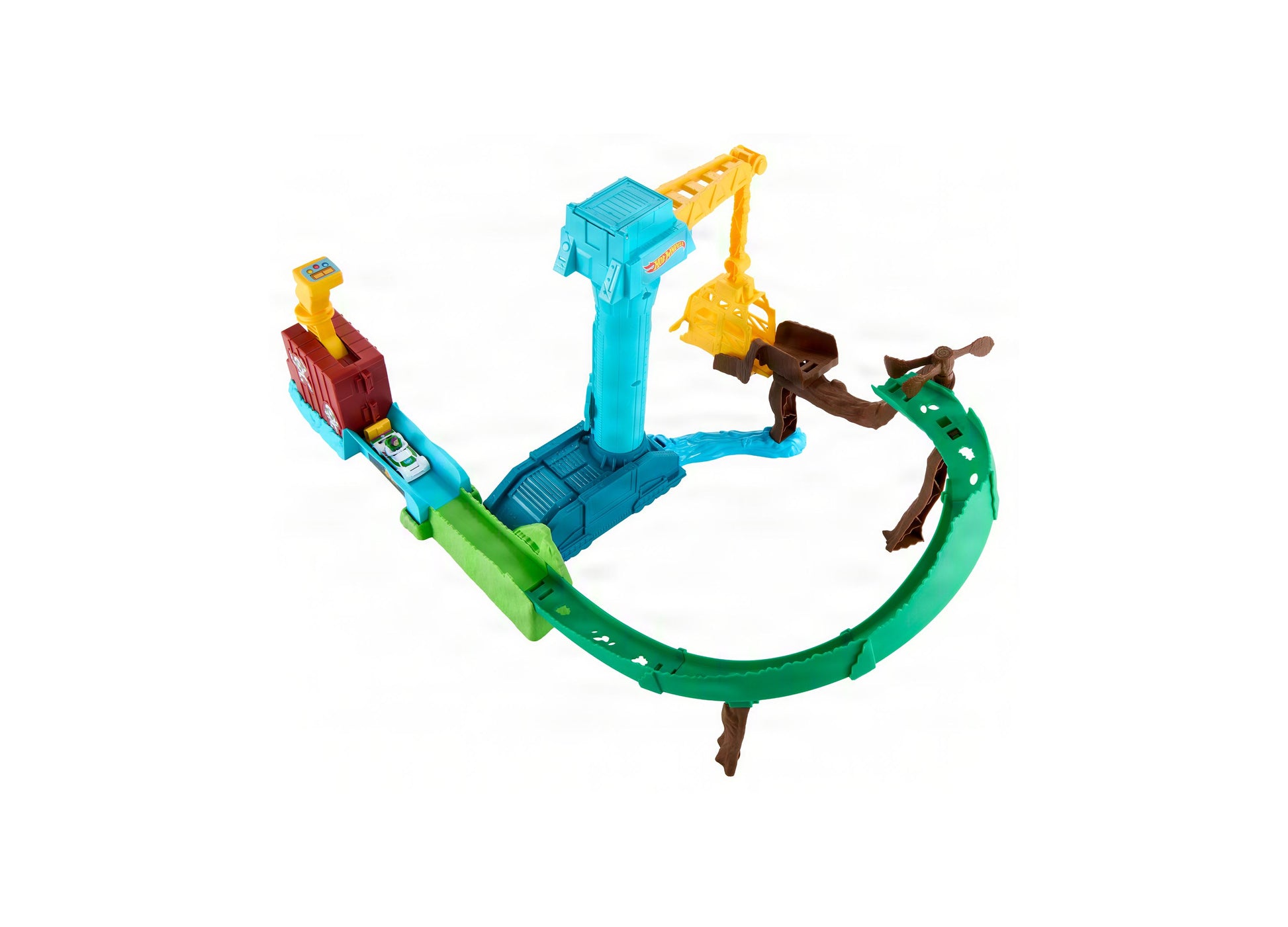Hot Wheels Superstar Speeders track set with blue crane, green curved track, and brown accessories