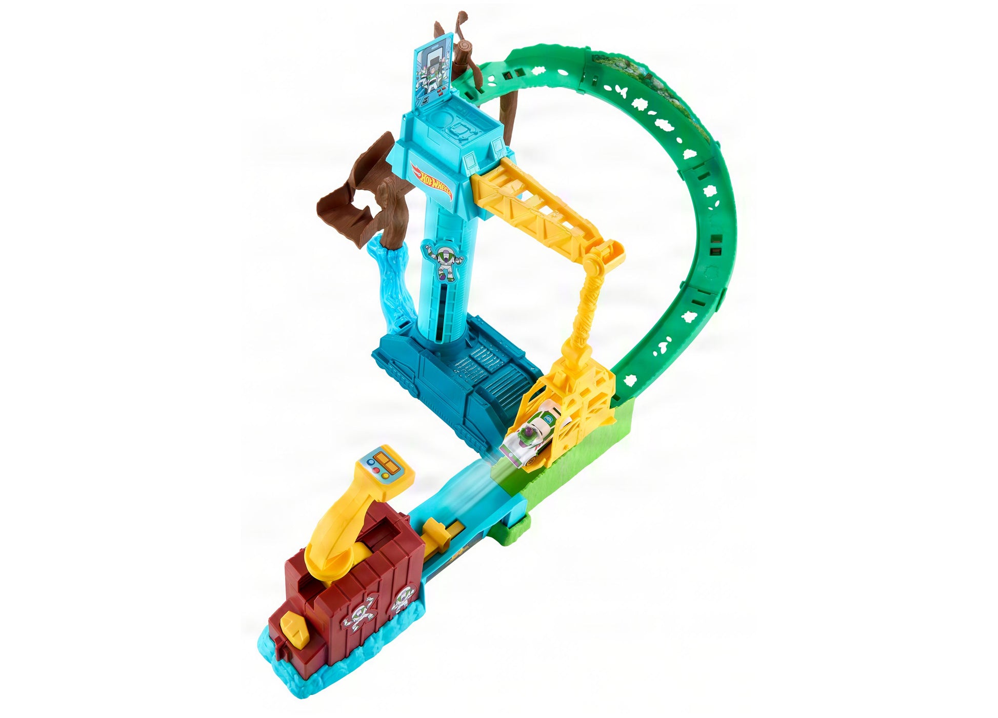 Hot Wheels Superstar Speeders Hi-Tech Buzz Lightyear track set with blue tower, green loop, and yellow car launcher