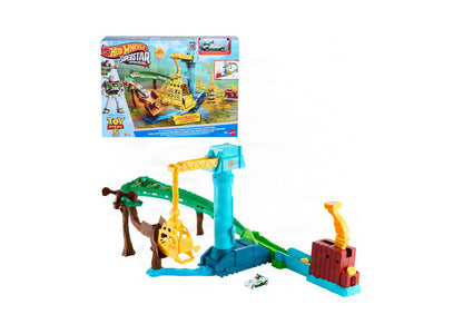 Hot Wheels Superstar Speeders Buzz Lightyear Star Command track set with yellow crane and green ramp