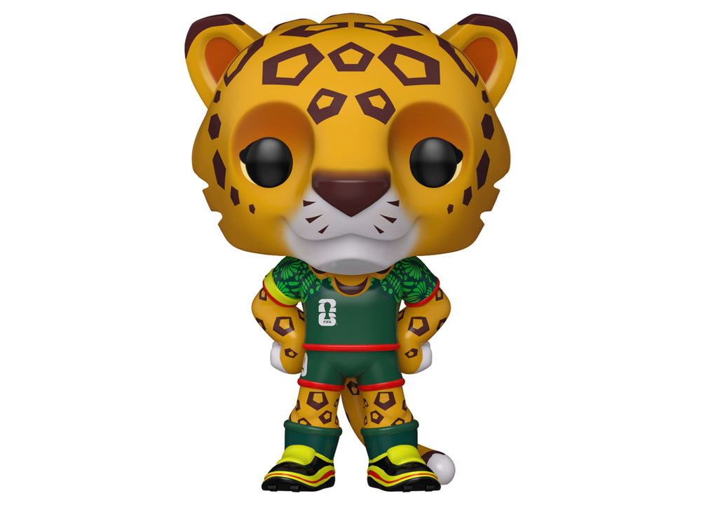 Funko POP FIFA Mascots World Cup 2026 Zayu leopard figure with yellow spotted coat and green soccer uniform