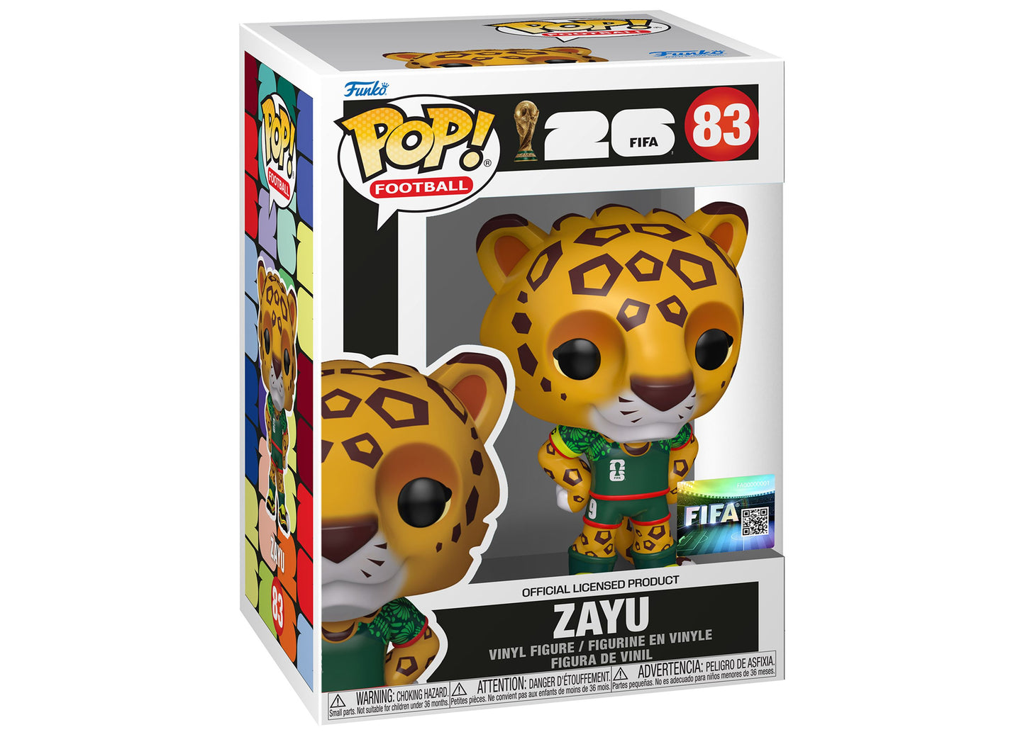 Funko POP FIFA Zayu vinyl figure with yellow leopard design and green soccer uniform