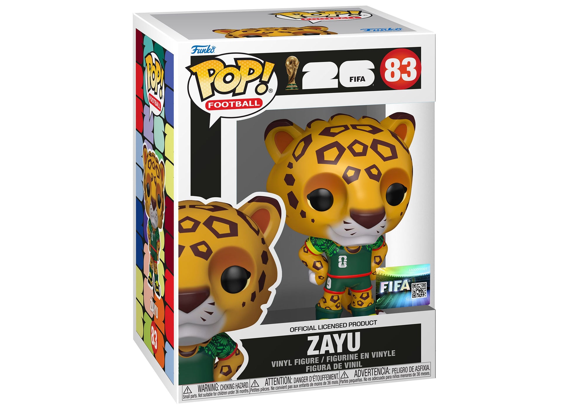 Funko POP FIFA Zayu vinyl figure with yellow leopard design and green soccer uniform