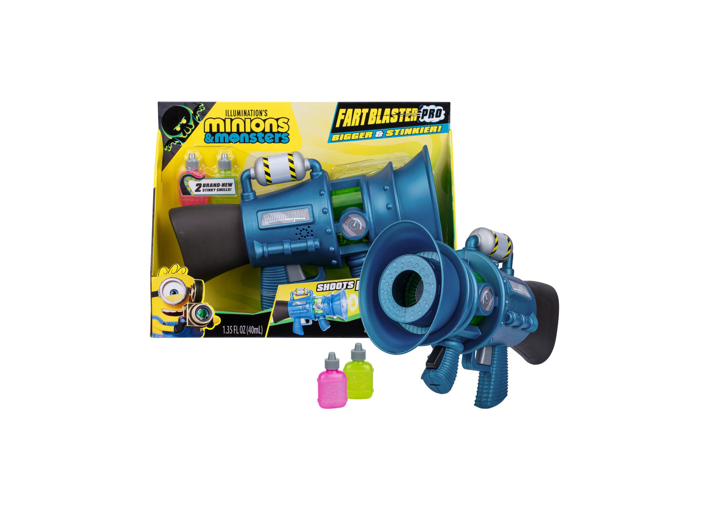 Despicable Me Minions Supreme Fart Blaster Pro toy gun in blue with included scent cartridges