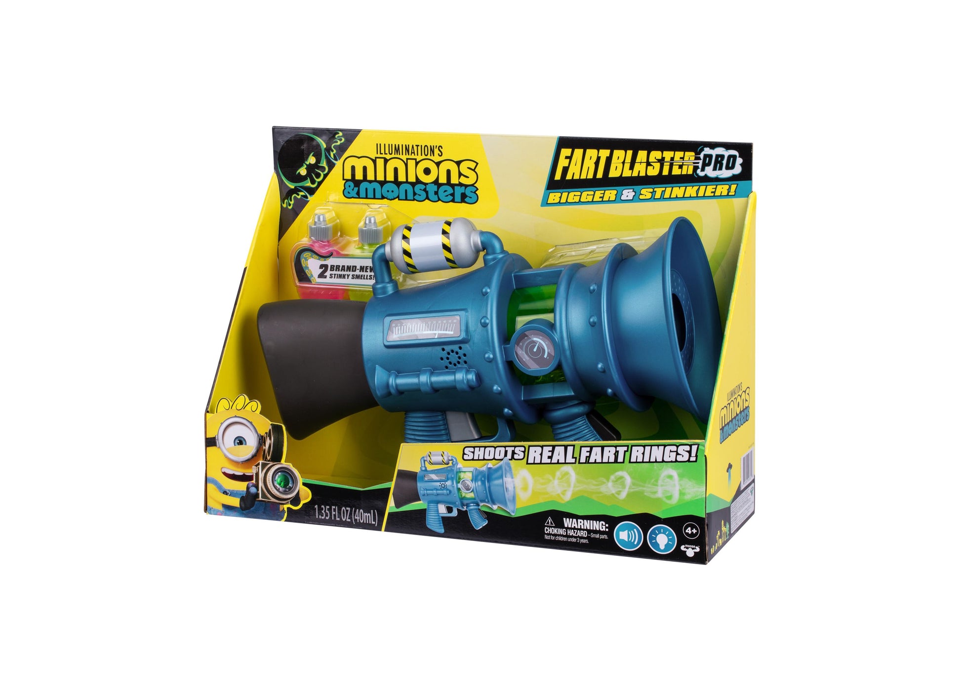 Despicable Me Minions Supreme Fart Blaster toy gun in blue, shoots fart rings