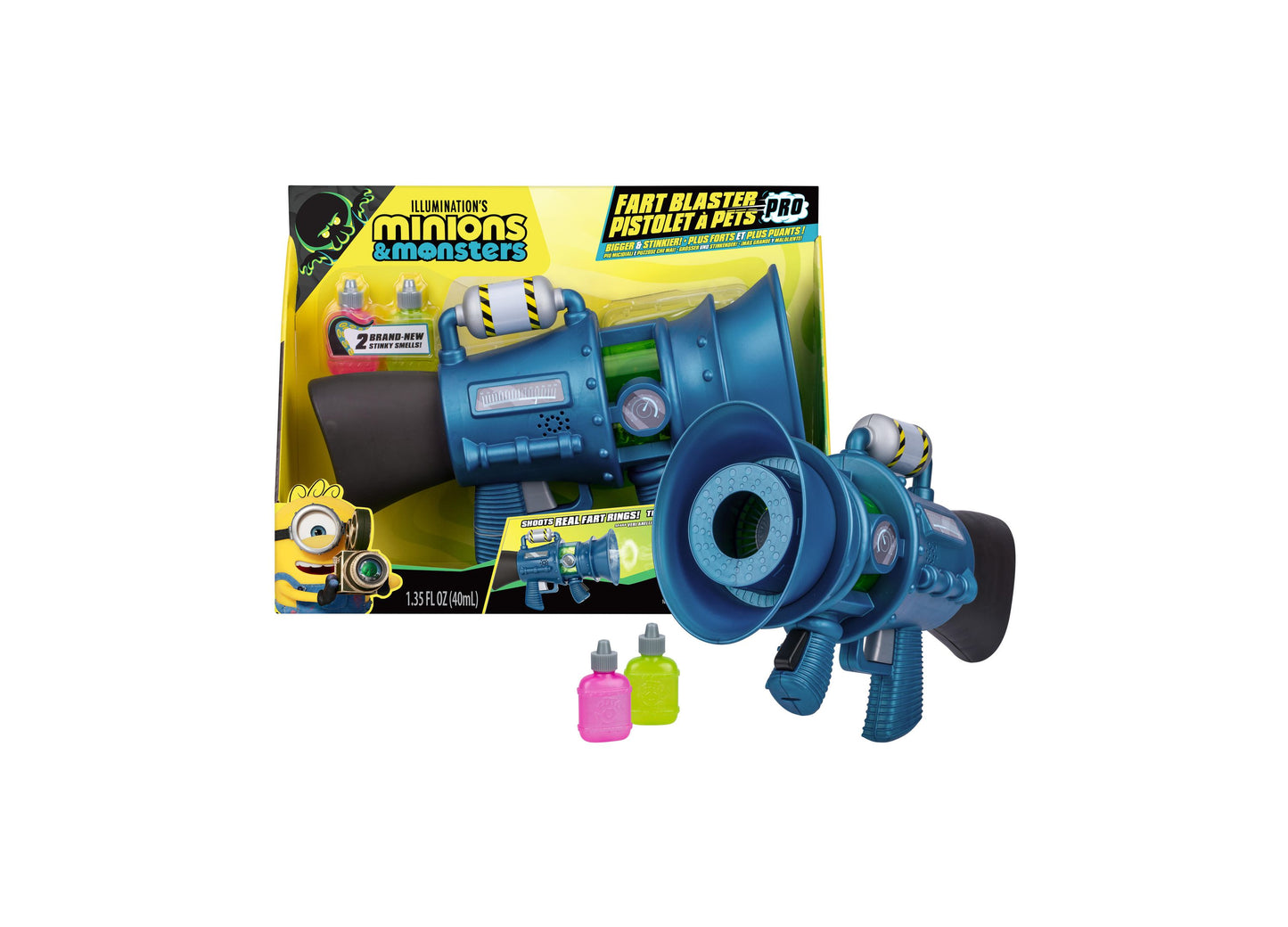 Despicable Me Minions Supreme Fart Blaster Pro toy gun in blue with yellow accents and included refill bottles