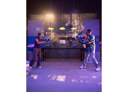 Despicable Me Minions 3 Supreme Fart Blaster toy guns in blue, held by two children in interactive play