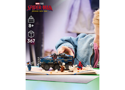 LEGO Marvel Spider-Man Prison Transport Chase 76349 set with 367 pieces featuring blue armored truck and minifigures