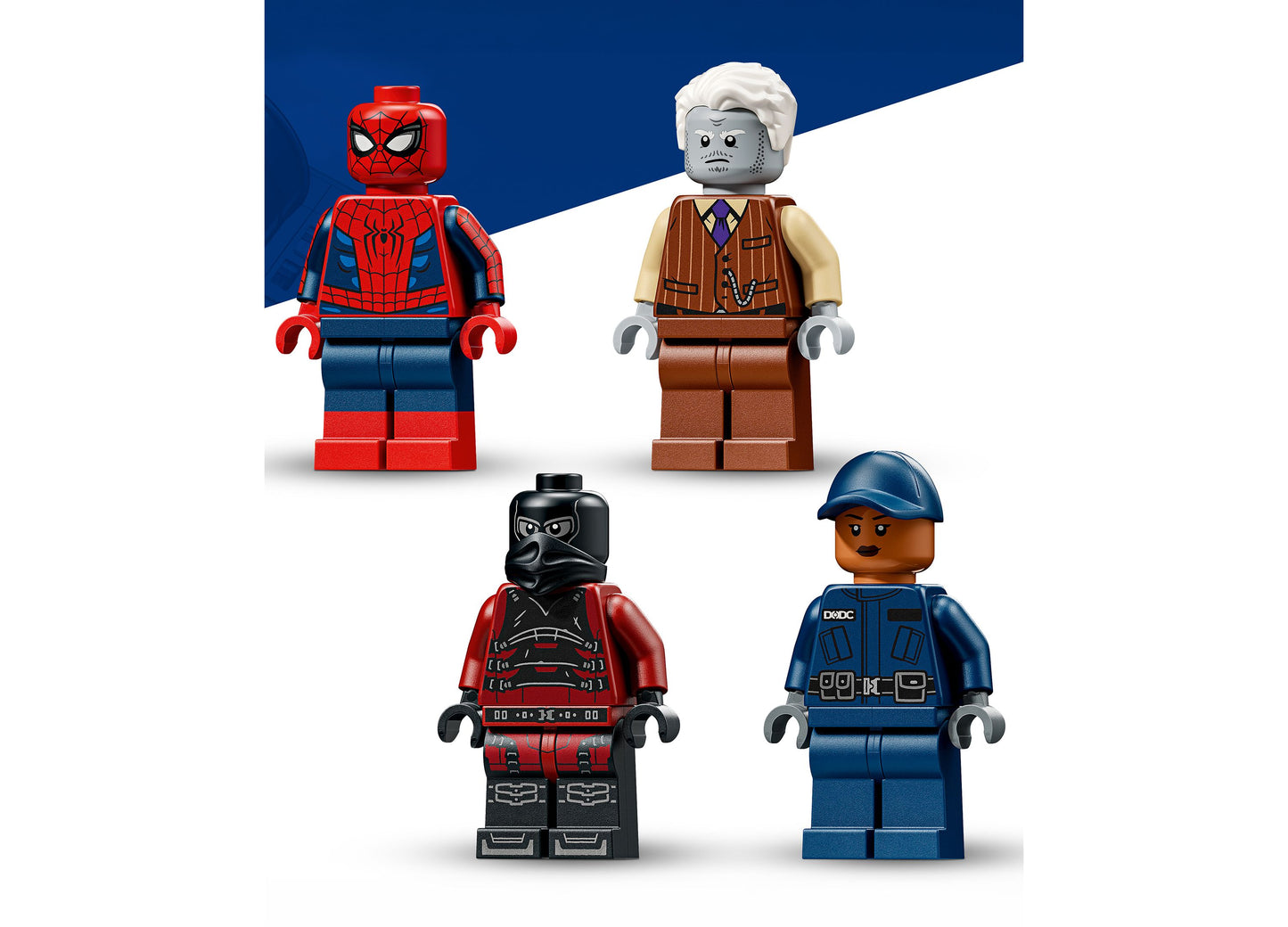 LEGO Marvel Spider-Man Prison Transport Chase 76349 set with 4 minifigures including Spider-Man, villain, and guards