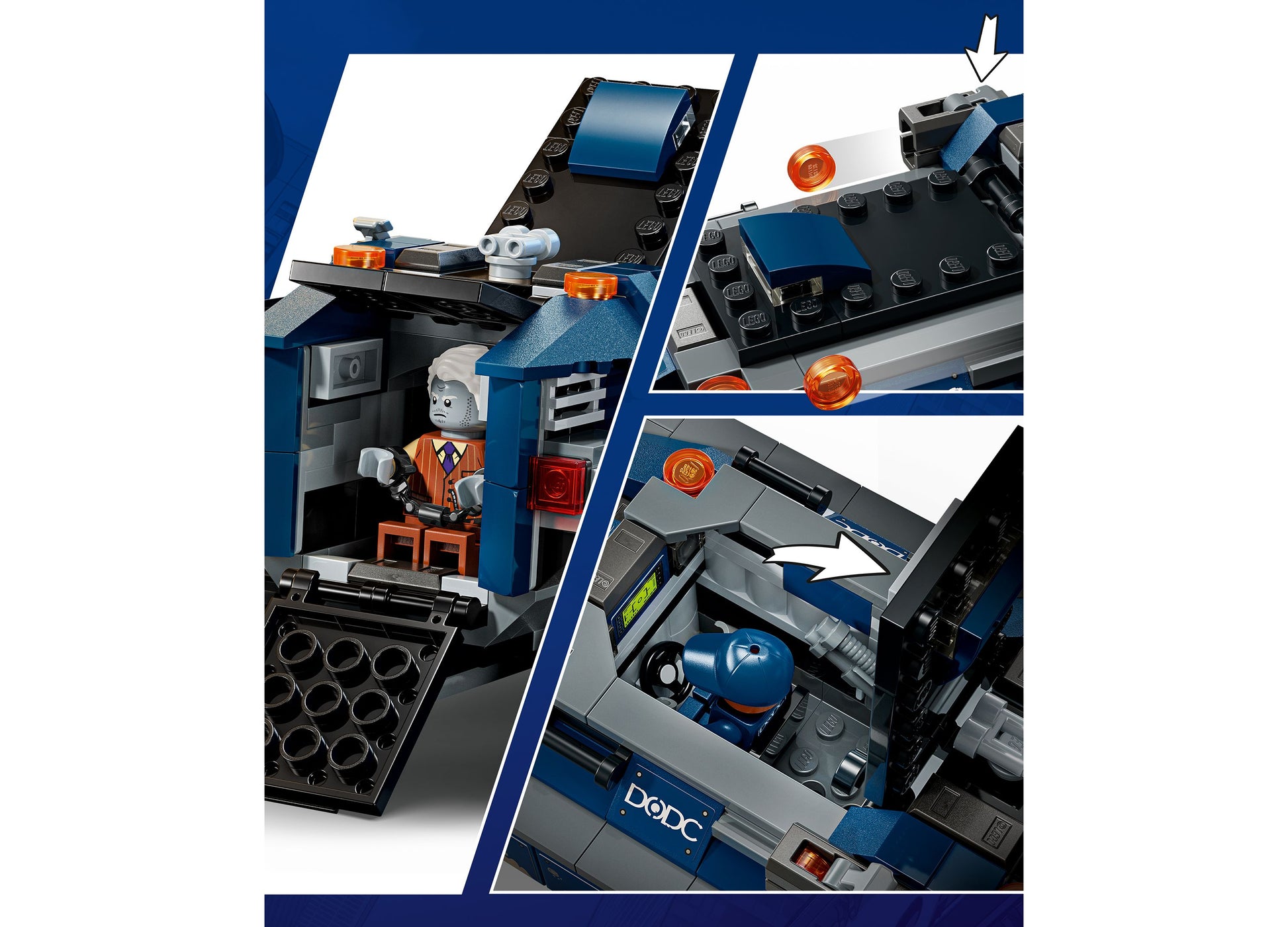 LEGO Marvel Spider-Man Prison Transport Chase 76349 building set with blue and black vehicle, minifigures, and detail...